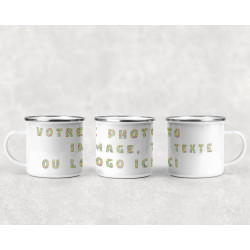 mug inox émaillé blanc, style camping, personnalisable avec photo, dessin, logo, texte.